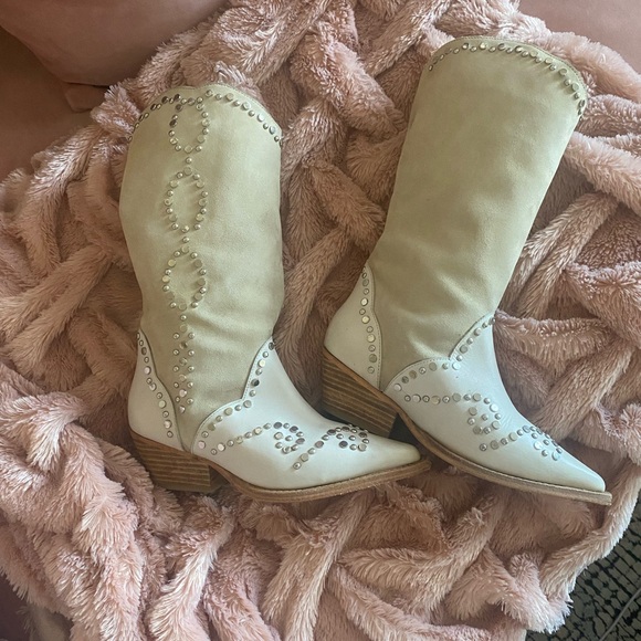 Free People Shoes - Free People Beige Studded Heeled Boots